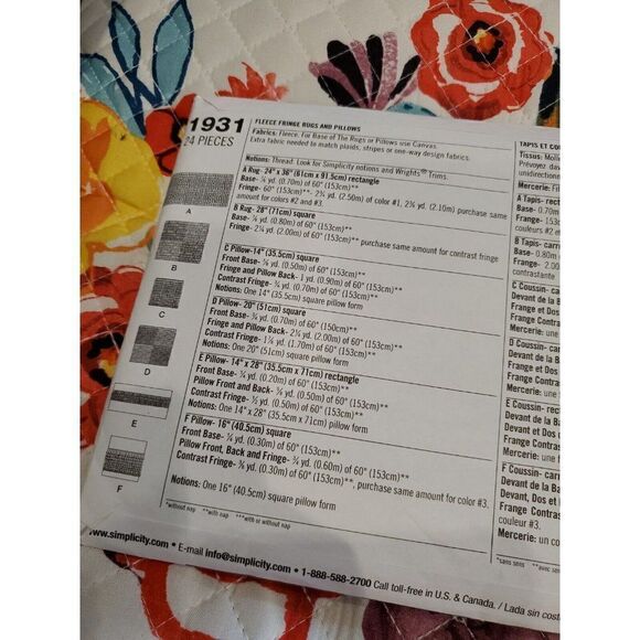 Simplicity Fleece Fringe Rugs Pillows Sewing Pattern 1931 New Uncut Shaggy Rugs - Picture 3 of 4